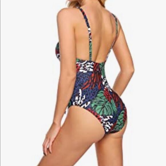 Tropical Forest Lace Up Waist One Piece Swimsuit M - Picture 3 of 13